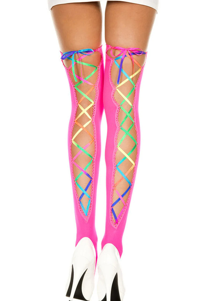RAINBOW RIBBON LACING AND PINK OPAQUE THIGH HI STOCKINGS- one size fits most