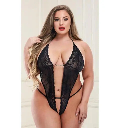 Black Baci Deep V Lace Teddy 1pc- SMALL/ MEDIUM