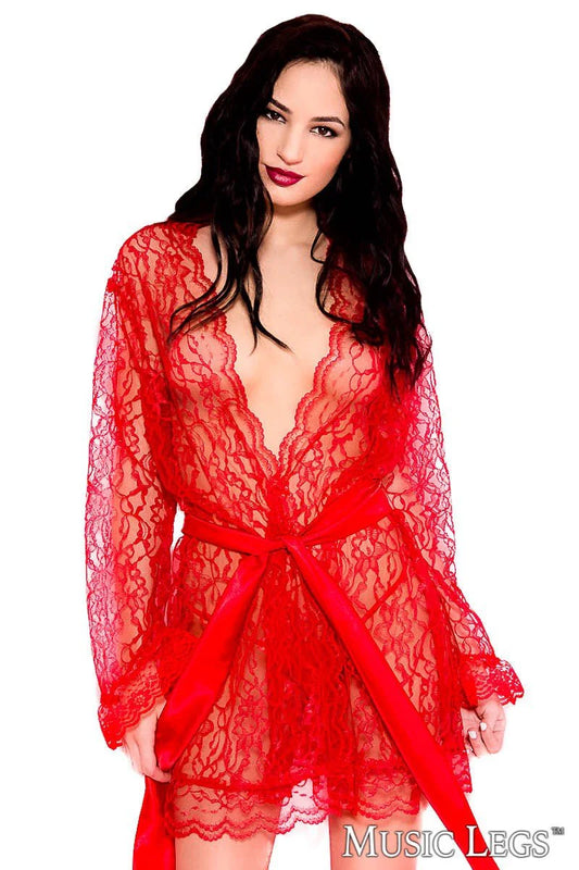SHEER LACE ROBE- RED