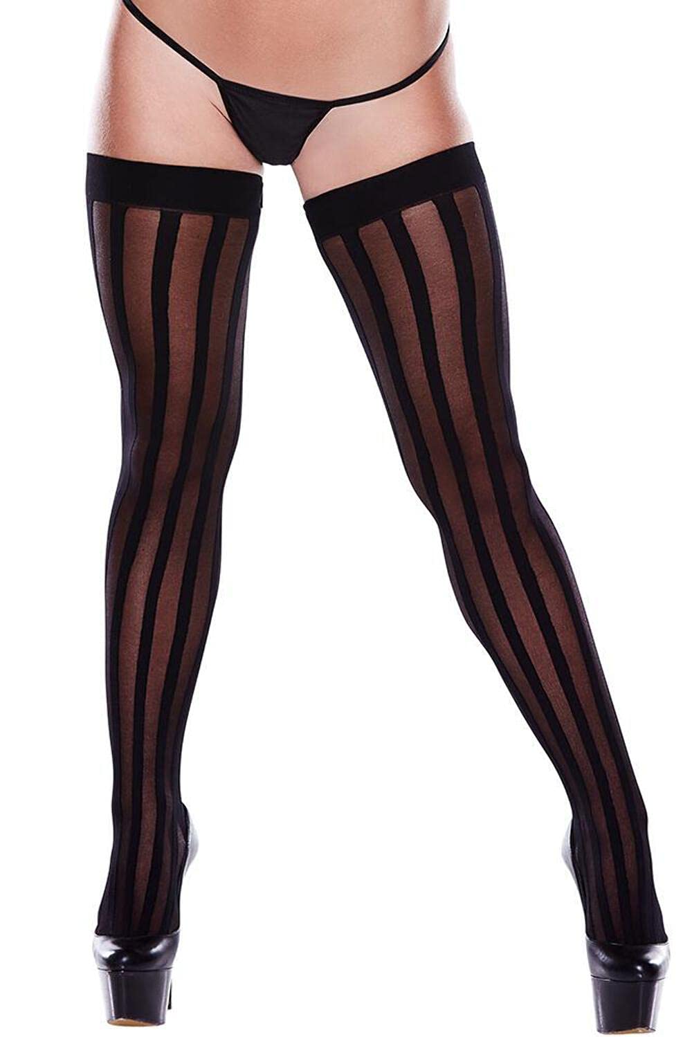 Baci Stripe Thigh High Bow Stockings Black