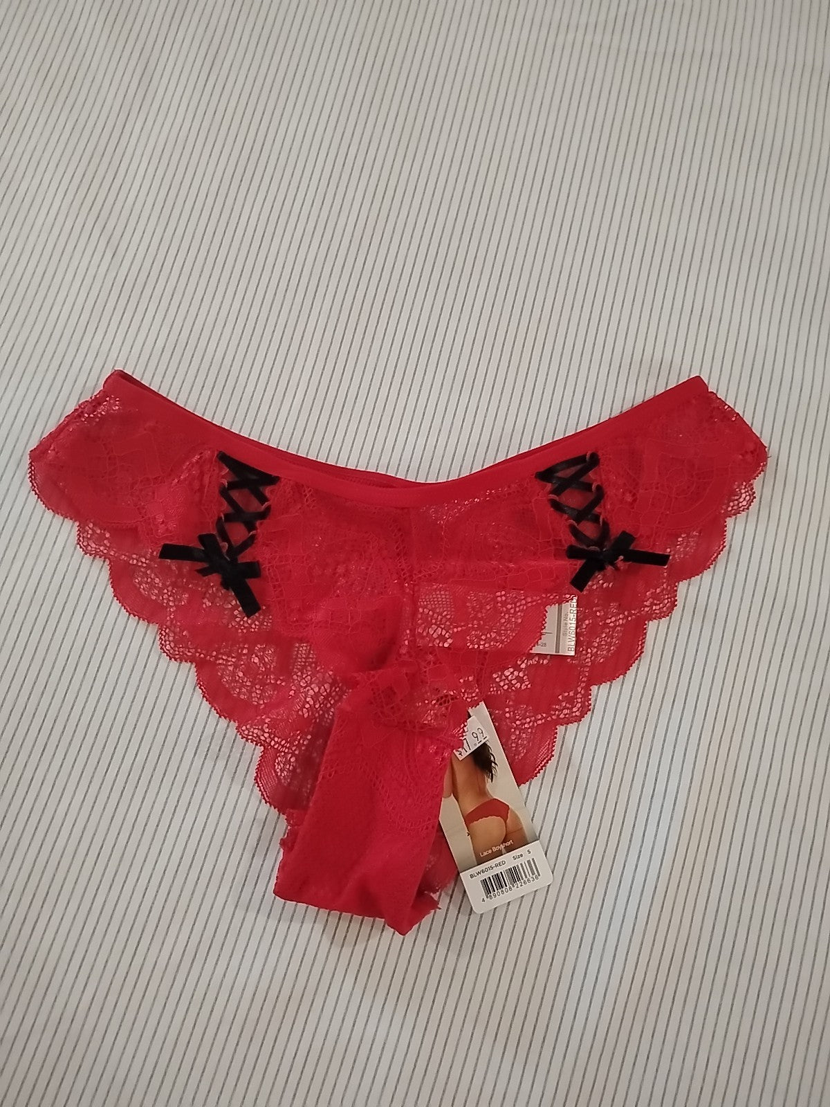 Red Lace Boyshort with Black Bows By Baci-SIZE SMALL