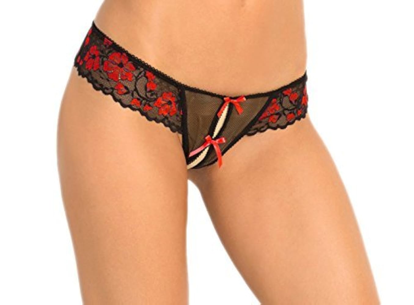 Rene Rofe Women's Crotchless Lace Thong Panty with Bows- WHITE AND RED- SMALL/MEDIUM