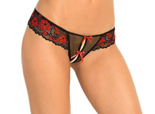Rene Rofe Women's Crotchless Lace Thong Panty with Bows- WHITE AND RED- SMALL/MEDIUM