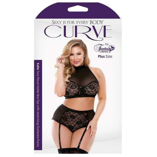 Fantasy Lingerie - Curve Plus Size Katia Halter Bra with Gartered Panties 1X/2X (Black)